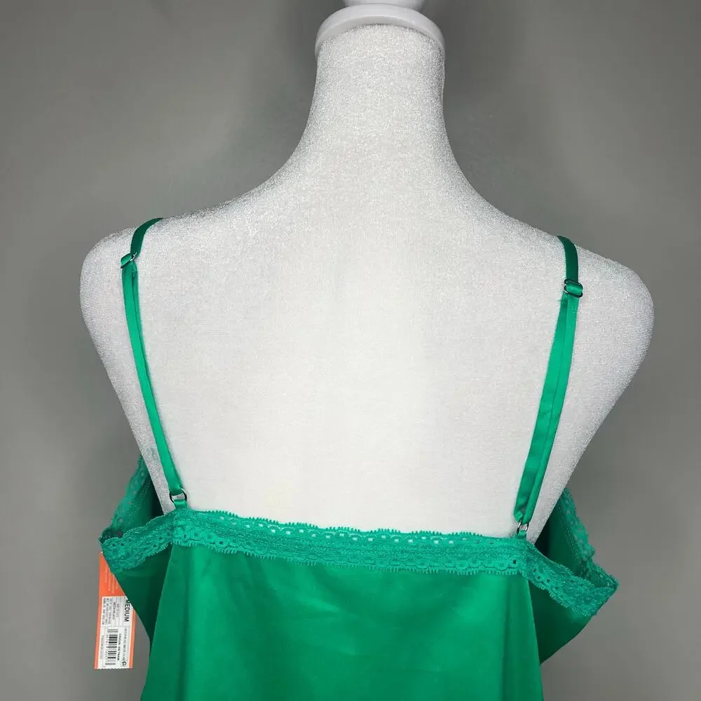 Women's Kelly Green Satin Nightgown Lace Trim Babydoll Sz M Fairy Y2K Jewel Tone